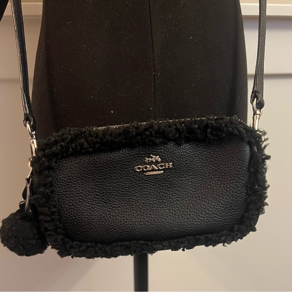 Coach Black Pebble Leather Crossbody with Shearling Trim